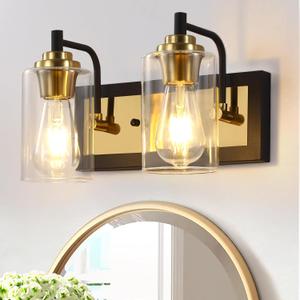 2-Light Vanity Lights, Modern Black & Gold Fixtures - Over Mirror with Clear Glass Shade, Wall Sconces for Kitchen & Bedroom