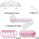 Official Teenager Sash and Rhinestone Tiara Kit, Pink Letter White Birthday Sash Balloons Crystal Silver Tiara Crown for Girl 13th Birthday Gift Ideas Party Decorations