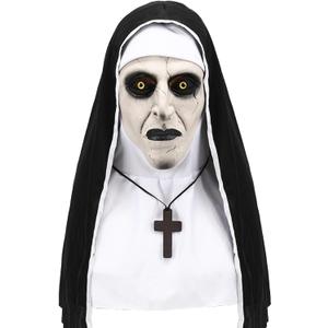 Nun Mask Scary Nun Costume, Scary Halloween Masks for Women, Realistic Creepy Latex The Nun Costume With Cross Pendant Necklace, Ideal for Cosplay Props Dance Masquerade, One Size Fit Most Women Girls