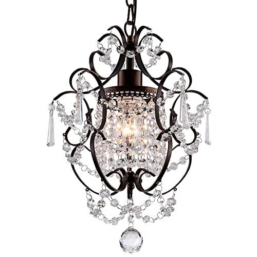 FLSFU Modern Mini Crystal Chandelier,Iron Bronze Crystal Light Fixtures Ceiling Mount 1 Light Small Chandeliers for Bedroom Elegant Hanging Lighting for Girls Room Dining Room Closet Kitchen Island