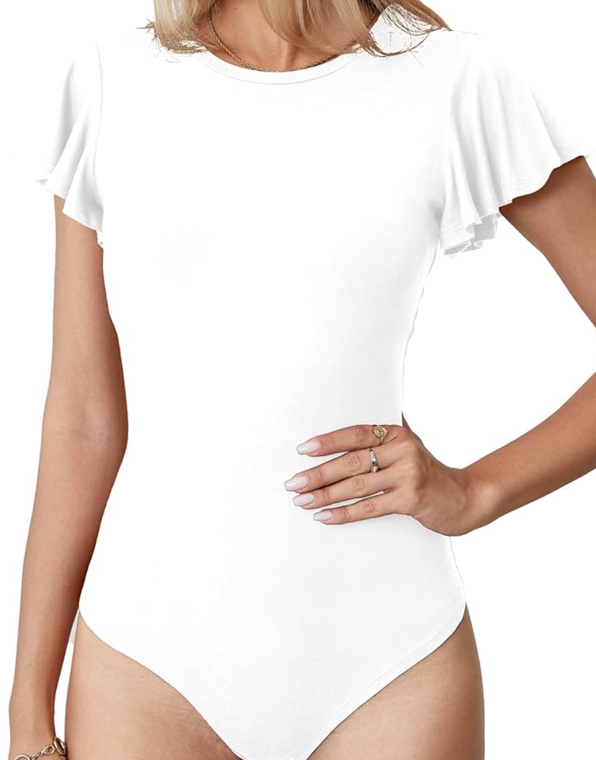LAOLASI Women's Crew Neck Bodysuit Ruffle Short Sleeve Slim Fit Casual Basic Stretchy Body suit Daily Jumpsuit T Shirts, M