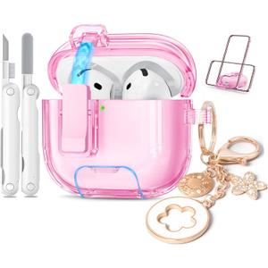 for Airpods 4 Case Clear,Cute Soft TPU Clear Case Cove for Apple Airpods 4th Generation Case (2024) with Cleaning Kit Lock & Bling Keychain, Phone Holder Function (Pink)