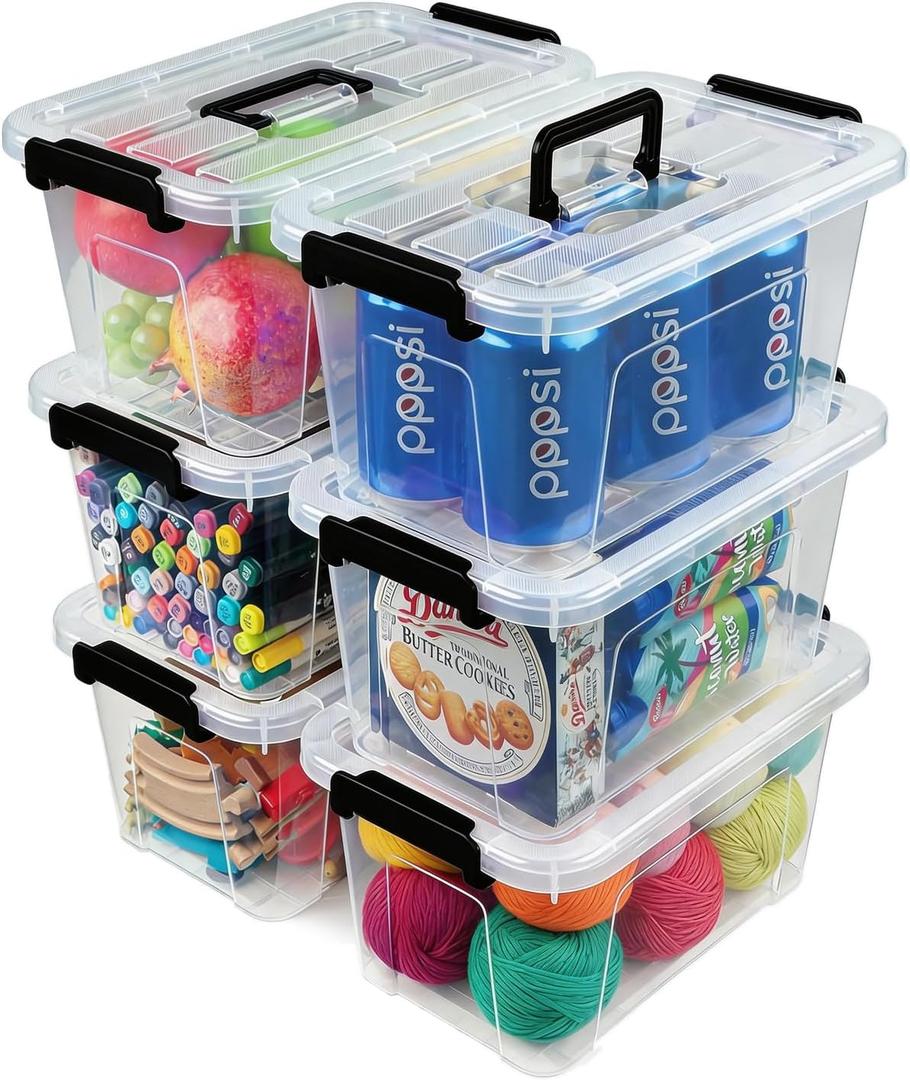 EOENVIVS Plastic Storage Bins with Lids 6 Pack Storage Organizer, 7 Quart Stackable Storage Boxes with Buckle Lids and Handle easy for Home Office Pantry Organization, Clear (Black)