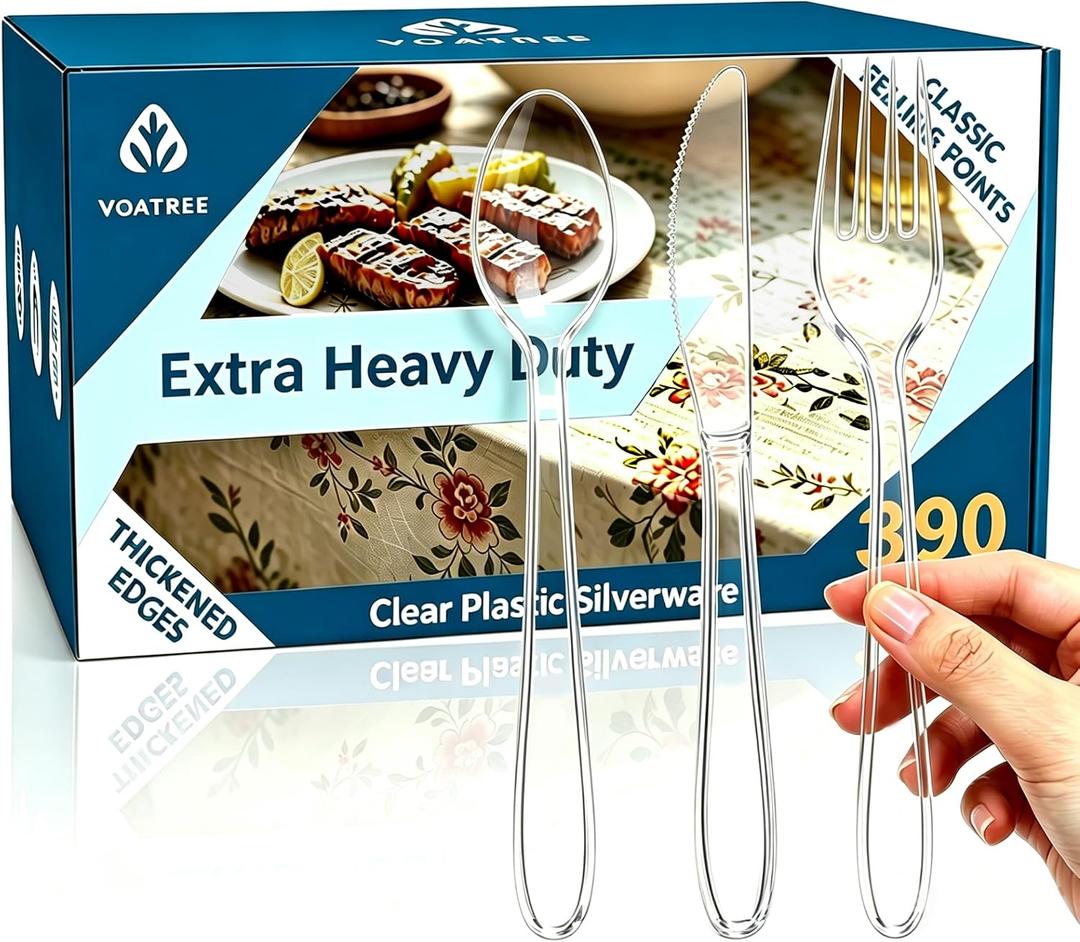 390 Count Heavy Duty Disposable Clear Plastic Cutlery Set, Bulk | 160 Forks & 160 Spoons & 70 Knives, Premium Quality, BPA-Free,Heat Resistant, Transparent, for Everyday Use, Party Supply