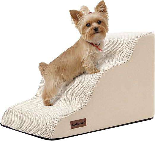 Dog Stairs for Small Dogs 15.7”H,Checked Flocking Fabric, With Cushioning Support Layer,3-Step Dog Steps for Bed, Couch, Sofa and Chair, Non-Slip Balanced Pet Ramp Indoor, Color Beige