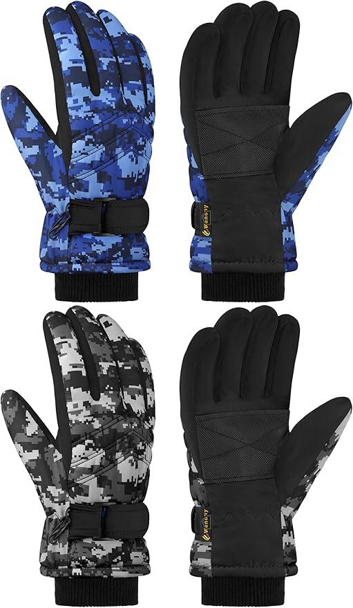 2 Pairs Kids Winter Snow Gloves Waterproof Windproof Warm Fleece Boys Girls Ski Gloves Outdoor Cold Weather, Size: 8-12 Years
