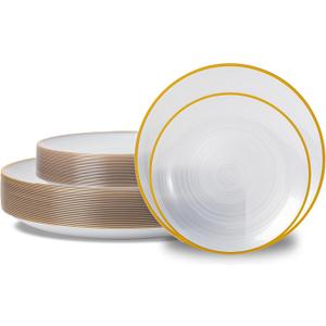 N9R 60PCS White Plastic Plates with Gold Rim, Elegant Disposable Plates, Circular Ribbed Design, 30 Dinner & 30 Dessert Plate for Parties, Weddings, Banquets, and Events (Translucent White)