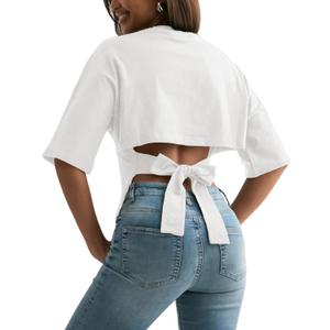 Women's Y2K Open Back Shirts Adjustable Tie Back Cinched Waist Crop Tops Half Sleeves Crew Neck Pullover Cotton Tees (White) XL