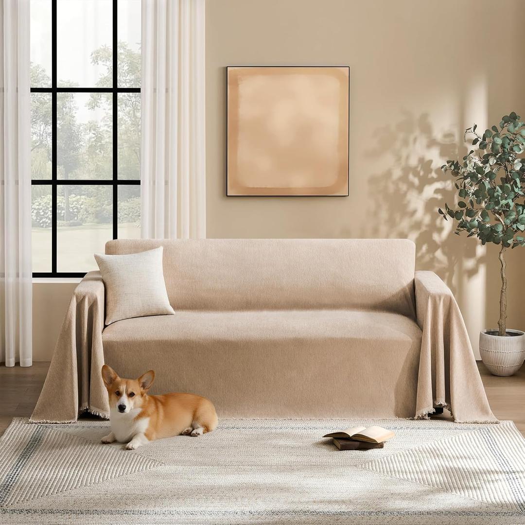 Maymiss Couch Cover for Dogs Sectional Sofa Covers Washable for 2 Cushion Couch, Chenille Couch Cover Blanket, Sectional Sofa Slipcovers, Multi-Use Furniture Protector for Kids, Pets, 71" X118", Sand
