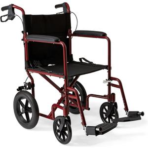 Medline Lightweight Foldable Transport Wheelchair with Handbrakes and 12-Inch Wheels, Red Frame, Black Upholstery