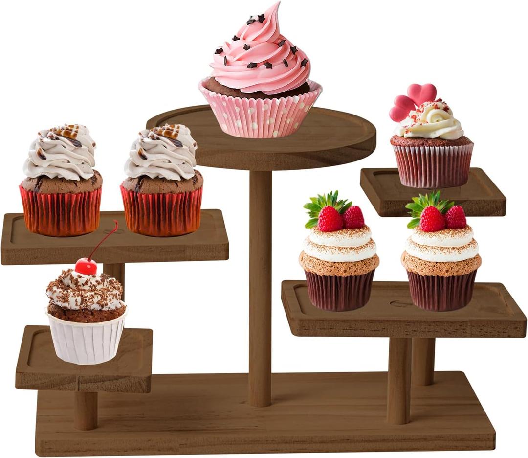 5 Tier Wooden Cupcake Stand, Farmhouse Dessert Display Stands, Rustic Tiered Tray Cupcake Tower Table Display Rack for Wedding, Birthday, Graduation, Tea Party and Coffee Break (Walnut)
