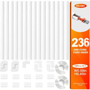 Delamu 236in Cord Hider, Single-Wire Cord Covers for Wires on Wall, Paintable Snap-on Design Wire Cover, Cable Management Kit for Corner-Mounted TVs, Easy Install Cable Raceways, W0.59 H0.4in, White