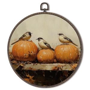 XNXLDYLH Vintage Fall Pumpkin Bird Round Framed Wall Art Decor, Cottagecore Harvest Antique Hanging Wall Decor Decorations, Rustic Fall Autumn Canvas Prints Wall Art Paintings for Living Room, 10x10In