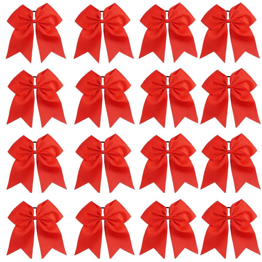 16PCS 8" Large Cheer Hair Bows Ponytail Holder Elastic Band Handmade for Cheerleading Teen Girls College Sports (Red, 1 Count (Pack of 16))