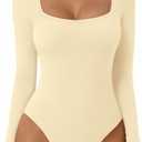 ATHMILE Women's Square Neck Long Sleeve Bodysuit Ribbed Slim Fitted Tops