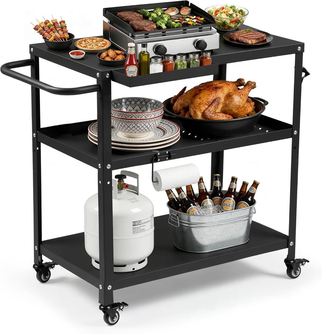 Grill Cart Table Indoor & Outdoor with 4 Lockable Casters, Hooks & Side Handle, Multifunctional Pizza Oven Stand for Patio Kitchen