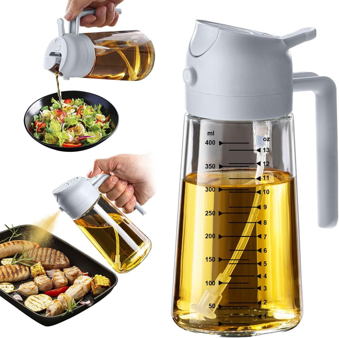 TrendPlain 16oz/470ml Glass Olive Oil Sprayer for Cooking  2 in 1 Olive Oil Dispenser Bottle for Kitchen Gadgets and Air Fryer Accessories, Salad, BBQ - Ash