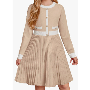 GRACE KARIN Girls Sweater Fall Dress Long Sleeve Knit A Line Contrast Casual Winter Dresses, 6-14Y