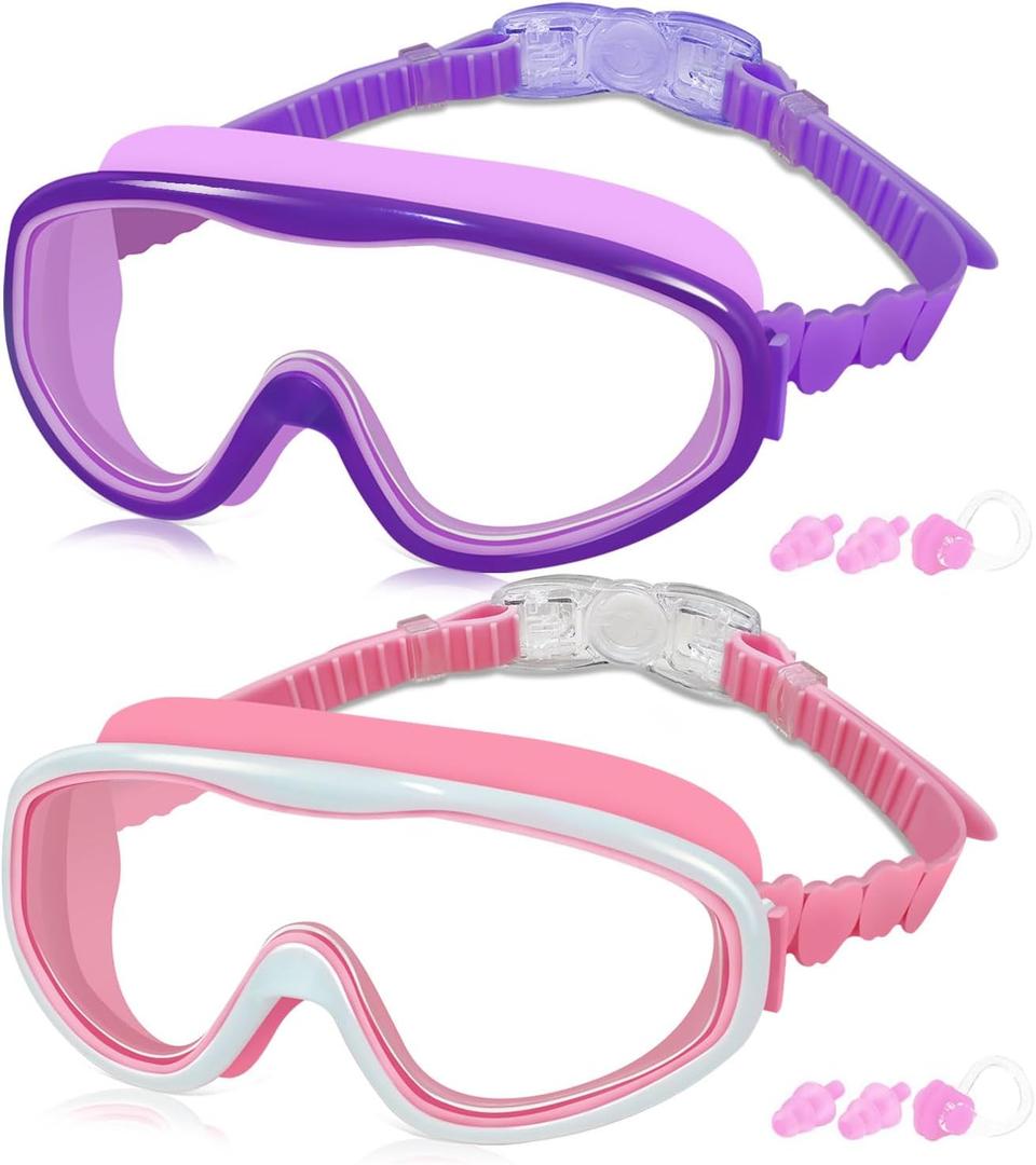 COOLOO Kids Swim Goggles for Age 3-15, 2 Pack Kids Goggles for Swimming with Nose Cover, No Leaking, Anti-Fog, Waterproof (A. Purple+pink)