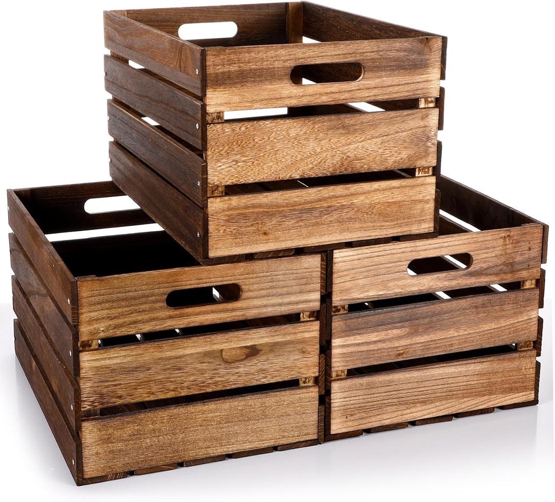 Weysat Large Wood Crates Box for Storage Unassembled Wooden Milk Crates with Handles Decorative Nesting Box for Display Unfinished Rustic Decor DIY Office Home Retail Art(12 Inch,Rustic Brown,3 Pack)