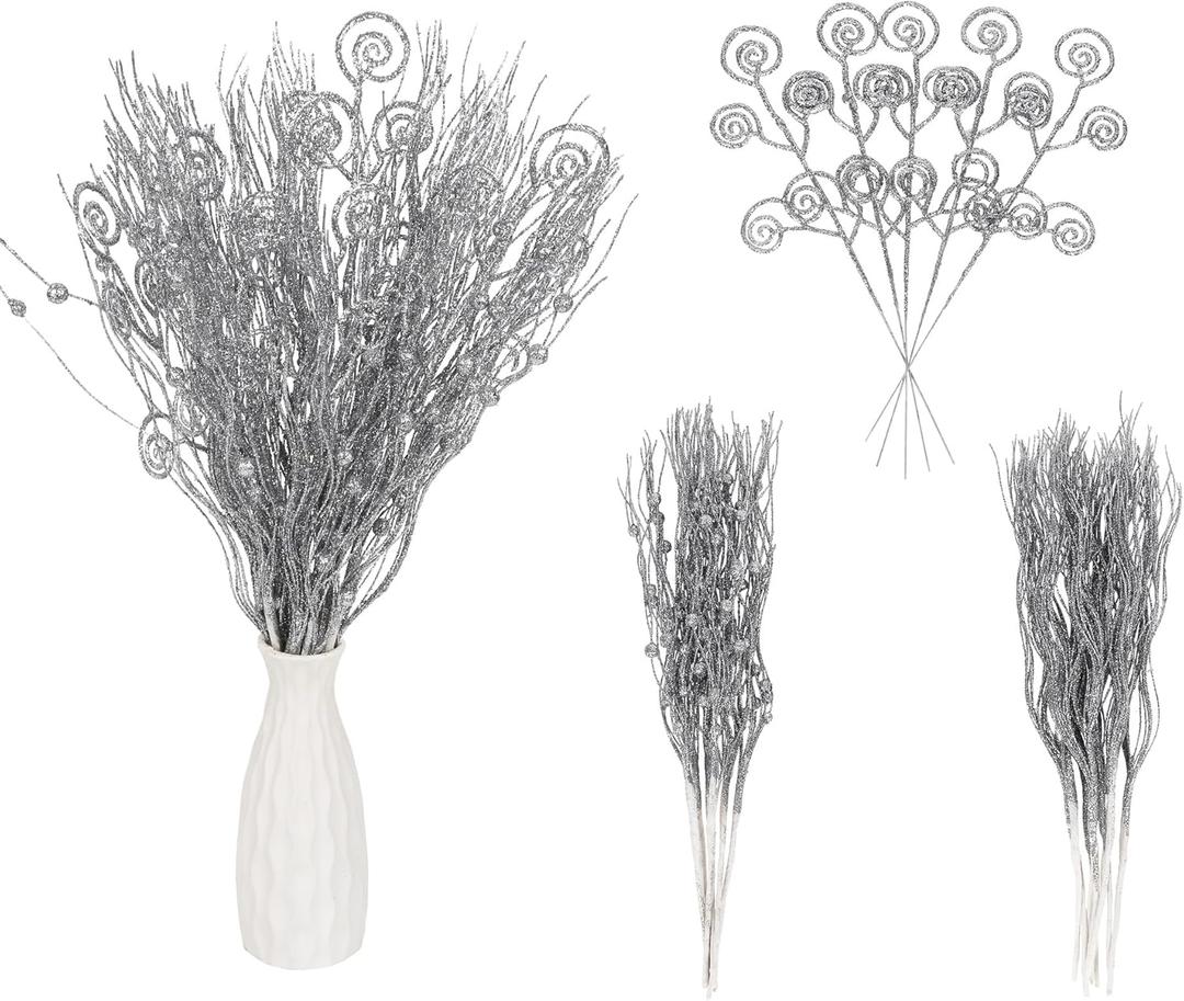 20PCS Glitter Artificial Curly Berry Stems Ornaments Fake Christmas Candy Picks Decorative Glitter Sticks Branches Combo Set for Xmas Tree Wreath Crafts Vase Filler Home Decor (Silver)