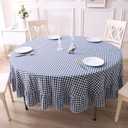 K MASANIJI 100% Cotton Navy Blue Plaid Ruffled Table Cloth Round Cover, Dia.70 in Farmhouse Checker Gingham Vintage Decorative Tablecloth (Navy Blue/White Plaid, Dia.70 inches)