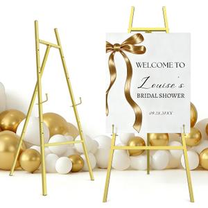 Gold Easel Stand for Signs, 4-Tier Height Metal Standing Easel with Adjustable Chain, Black Heavy Duty Art Easel for Painting, Wedding Sign, Party, Posters & Commercial Display (Gold)