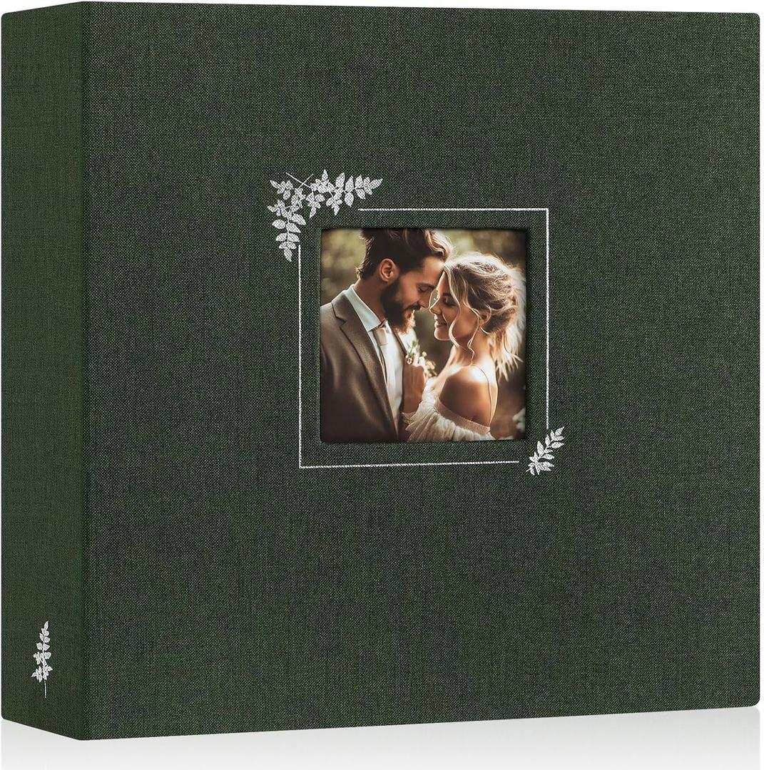 Lanpn Scrapbook Photo Album 12x12, Linen Window Design Cover Top Load 3 Ring Folder Binder Photobook Photo Book 12 x 12 inch with 30 Plastic Sleeves 60 Pages Green