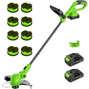 12-inch 24V Cordless String Trimmer with Charger, 2 X 2.0Ah Battery Powered Grass Mover with Auto Line Feed, 2 in 1 Lawn Edger with 8 Pcs Grass Cutter Spool Line and 2 Spool Cap, Green