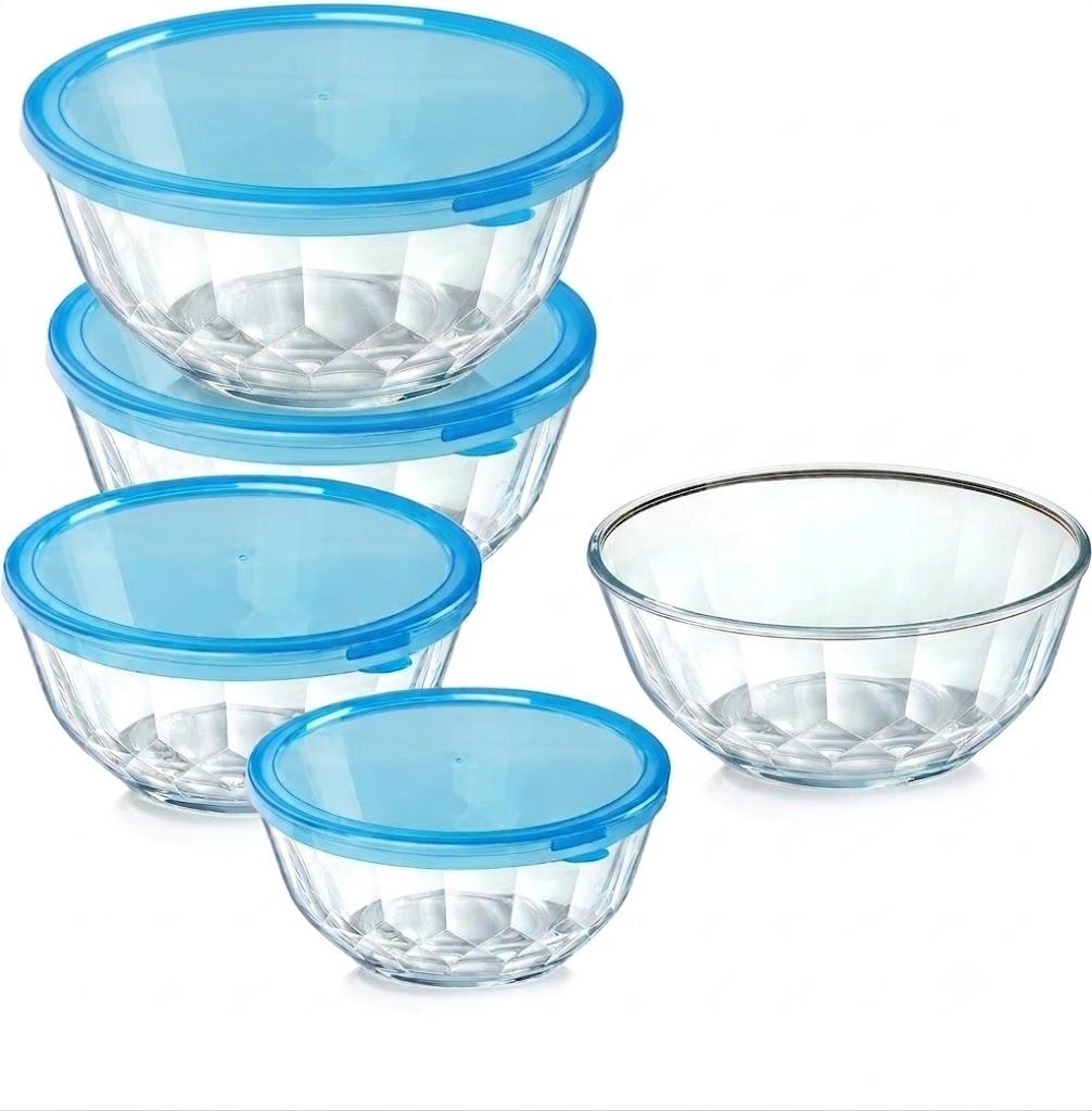 ENVTEK Thick Glass Mixing Bowls with Airtight Lids Set, 4-Piece Nesting Bowls for Baking & Meal Prep, BPA Free, Dishwasher Safe, Quart - Blue