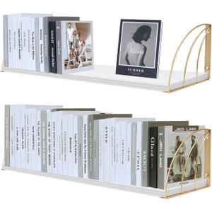 Thicked 0.71 in Heavy Duty White and Gold Shelves Pine Wood Large 36 Inch Gold Shelf with Elegant Lines,White Gold Floating Shelves,White Gold Wall Shelf for White Floating Bookshelf Set of 2.