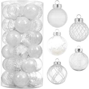 30ct Christmas Ball Ornaments-60mm/2.36" Shatterproof Clear Plastic Xmas Balls Baubles Set with Stuffed Delicate Sparkling, Hanging Christmas Tree Decorations(White)