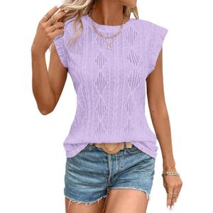 SHEWIN Women's Summer Tops Casual Crewneck Cap Sleeve Shirts Lightweight Crochet Knit Texture Tank Top Blouses (Large, Purple)