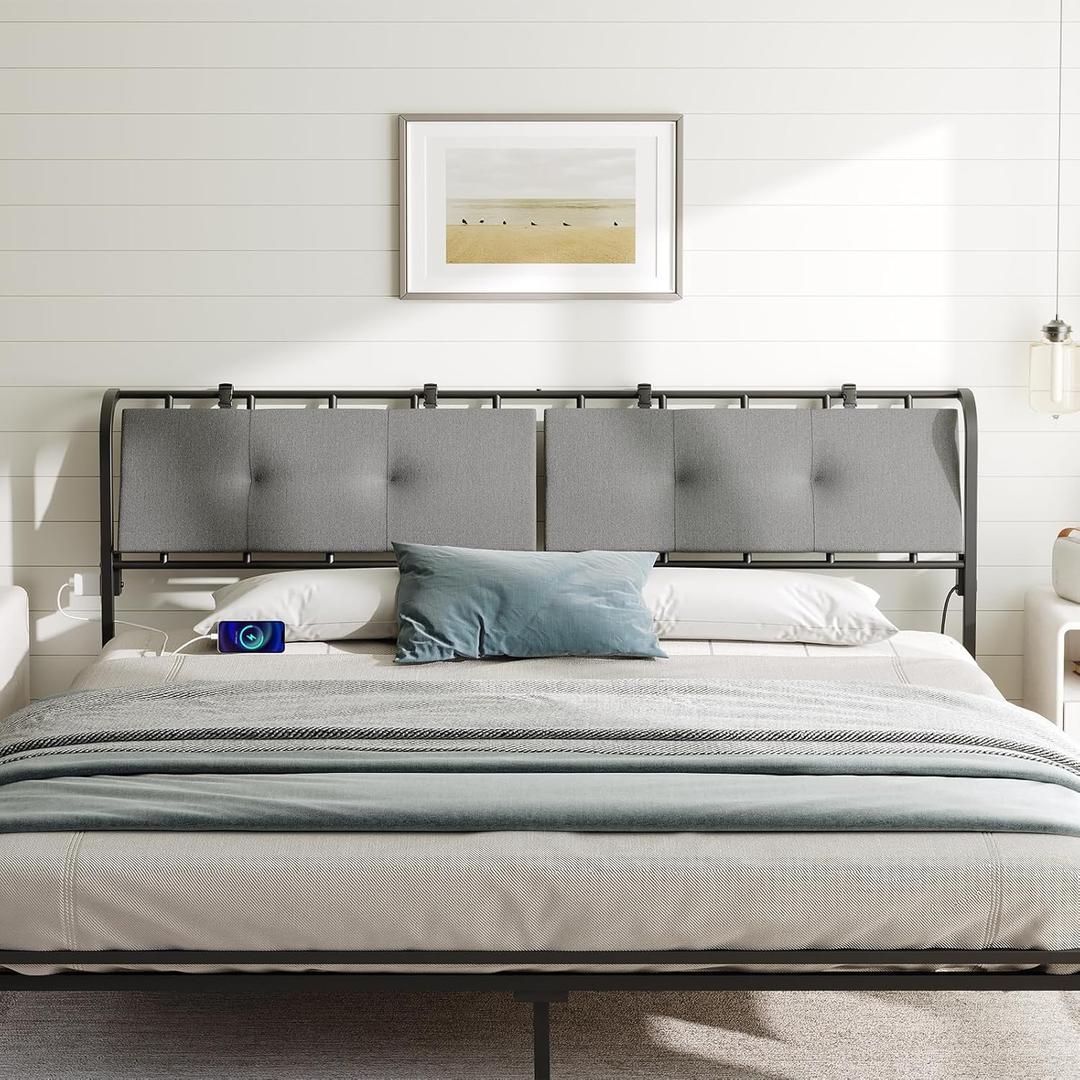 MAHANCRIS Queen Size Headboard, Upholstered Headboard with 2 Charging Stations, Metal Frame Structure, Adjustable Linen Upholstery with Strap Fastener, Bed Frame Adapter Included, Black and Grey