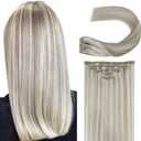 Clip in Hair Extensions Real Human Hair Natural Straight Long Remy Brazilian Clip on Human Hair Extensions Ash Blonde Highlighted Platinum Blonde Invisible Double Weft Clip ins Hair 22 Inch 60G 5 PCS