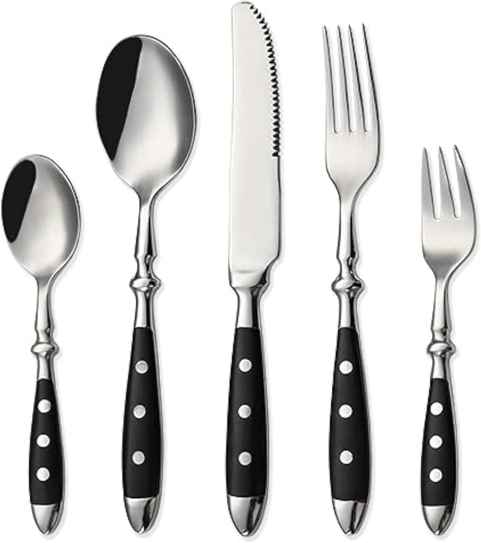 HOMECHEN 20-Piece Vintage Silverware Set with Black Bakelite Handles - Elegant Flatware for Home Kitchen & Special Occasions, Dishwasher Safe (Includes Forks, Spoons & Knives)