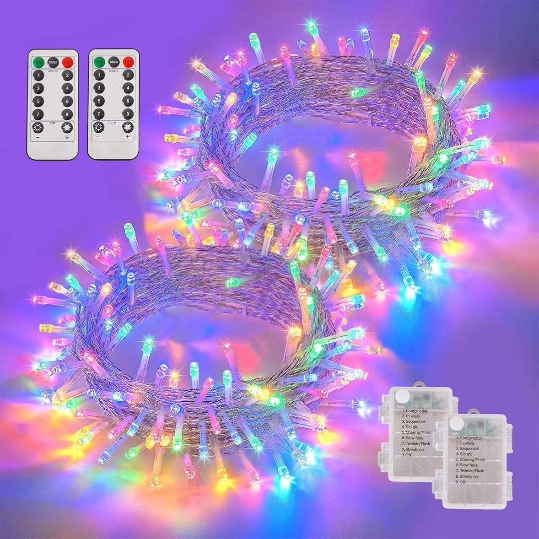 YEGUO Christmas Lights Battery Operated, 2 Pack Each 33ft 100 LED Multicolor String Lights Outdoor Waterproof,8 Modes Clear Wire Fairy Light Indoor with Remote