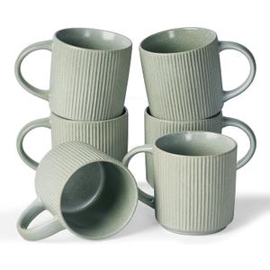 famiware Coffee Mug Set for 6, Star 12 oz Catering Mugs Cup Set with Handle for Coffee, Tea, Cocoa, Milk - Ceramic Stoneware Drinkware Set, Matte Green