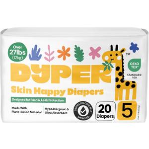 DYPER Baby Diapers Size 5 (20 Count)  Plant-Based, Hypoallergenic, Fragrance-Free & Ultra Absorbent Disposable Diapers for Day and Overnight Skin Protection, Single Pack Size 5 Diapers