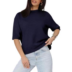 Saodimallsu Womens Short Sleeve Sweater Crew Neck Pullover Summer Lightweight Loose 2025 Knit Tops Dressy Casual Blouse (Blue)