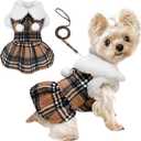XXS Dog Sweater with Leash Set D Ring Plaid Fleece Puppy Clothes for Small Dogs Girl Boy Winter Pet Dress Cold Weather Coat Winter Sweater for Chihuahua Yorkie Cat Doggie Costumes, Khaki, XXS
