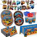 194pcs Birthday Party Decorations Supplies Race Car Plates Napkins Banner Tablecloth Disposable Paper Cups Straws Tableware Set for Kids Boys Birthday Decor 24 Guests