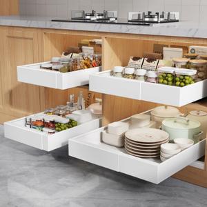 4 Pack Pull Out Cabinet Organizers 21" Deep With Raising Pad for Framed Cabinets, Expandable Width (9"-14") Slide Out Drawers Upgrade 3 Slide Rails, Roll Out Shelves Adhesive, White