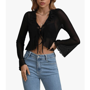 GORGLITTER Women's Tie Front Tops Sheer Mesh Bell Long Sleeve Ruffle Blouse Shirt Crop Top