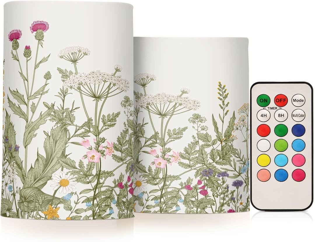 Flickering Flameless Candles, Flowers Herbs Wildflowers Botanical LED Candles with Remote Timer, Set of 2 Battery Operated Candle for Valentine Wedding Birthday (D3" x H5", D3" x H4", A3371)