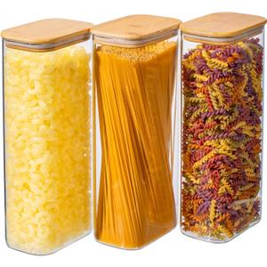71oz 3PCS Rectangle Spaghetti Pasta Storage Containers with Lids, Tall Pantry Containers, Glass Tight Food Storage Jars with Lids for Penne, Macaroni, Lasagna, Fusilli, Cereal, Flour, Oats