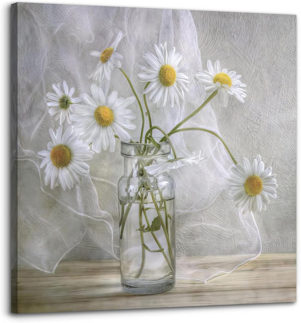 Bathroom Wall Decor Canvas White Flower Modern Wall Art for Living Room Large Size Painting Picture Artwork Wood Framed Wall Art Easy to Hang Size 20 X 20 in