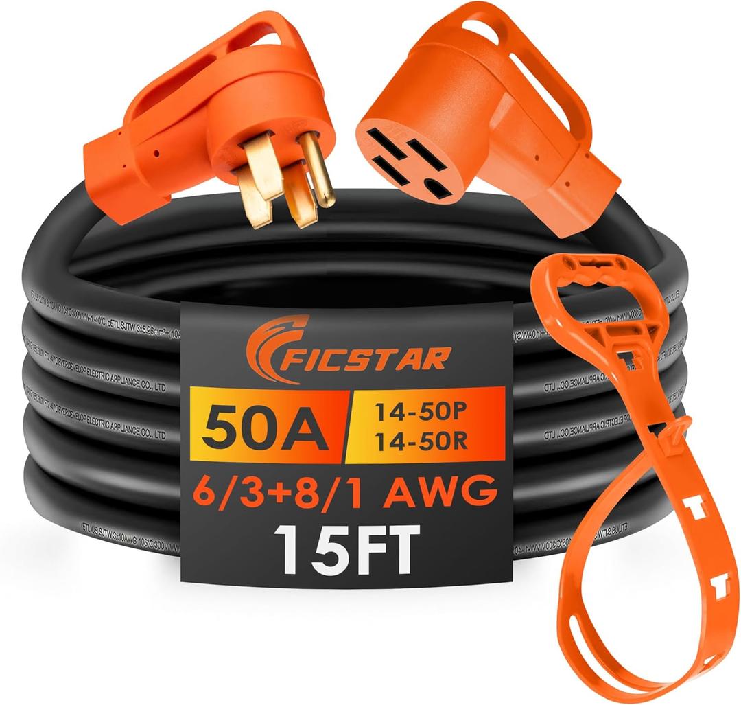 15FT 50 Amp RV/Generator Extension Cord Outdoor with Grip Handle,125/250V,12500W, 4 Prong,Heavy Duty 6/3+8/1 Gauge STW,NEMA 14-50P to 14-50R,ETL Listed