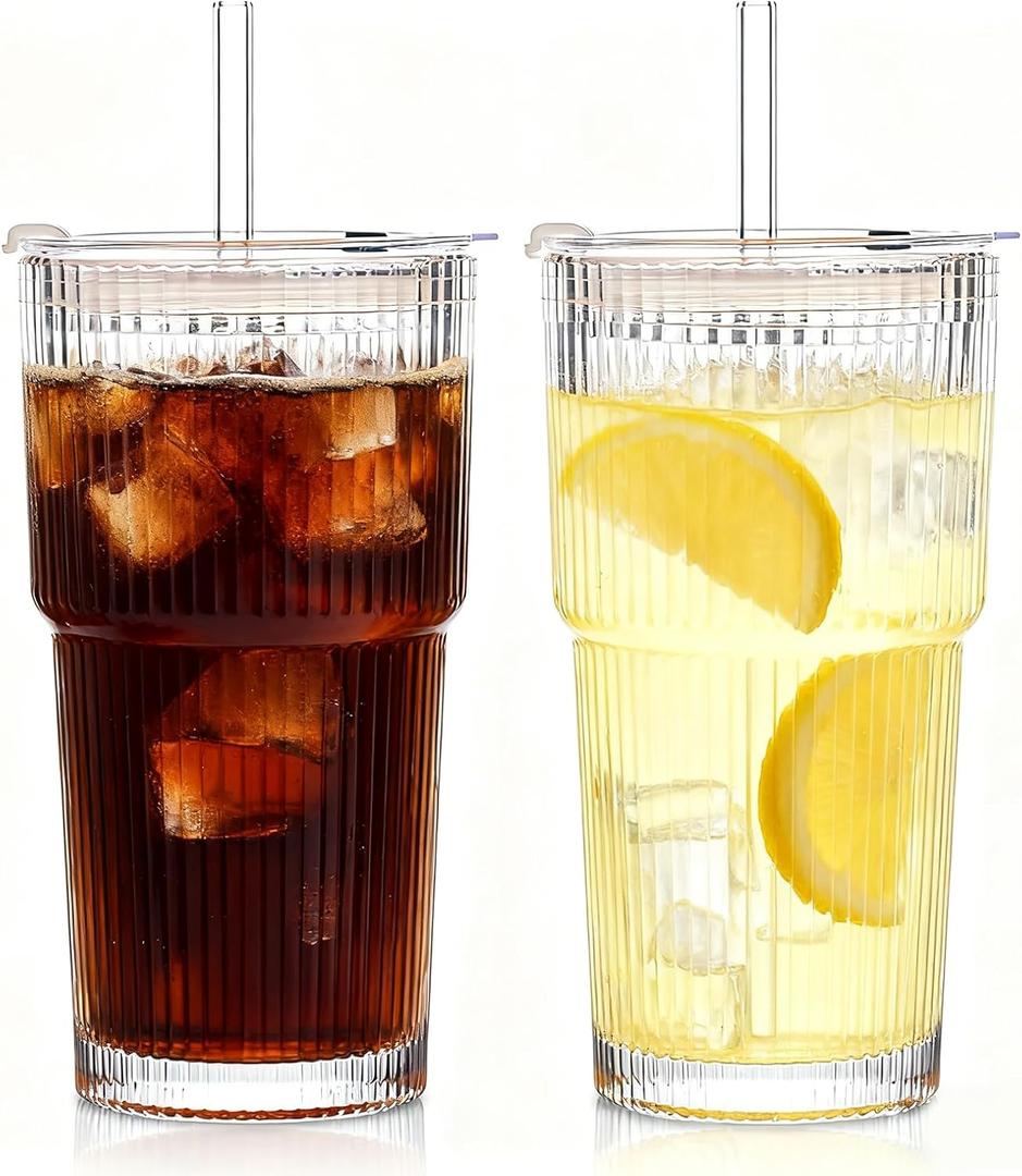 20oz Ribbed Glass Cups with Lids and Straws - 2PCS Glassware Set, Tumbler with Straw and Lid Iced Coffee Cups for Juice, Bubble Tea, Cold Brew, Soda