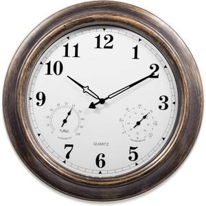 Outdoor Clocks Waterproof, 18 in Large Outdoor Clock for Patio w/Thermometer Hygrometer, Silent Battery Operated Decorative Vintage Wall Clock for Living Room/Bathroom/Pool, Bronze